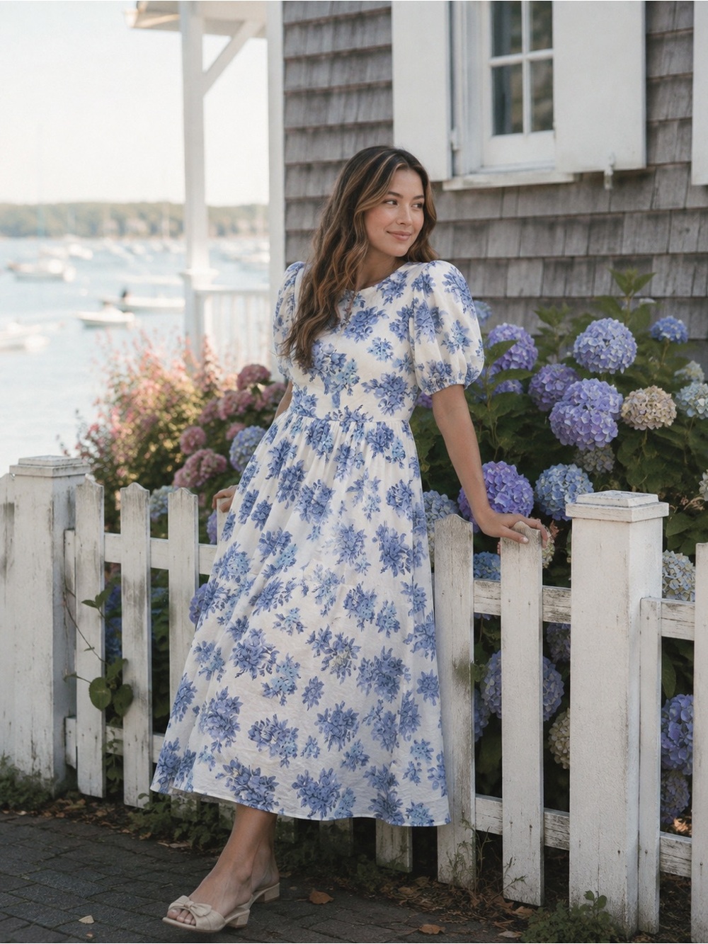 Ivy City Co Odette Dress Blue Floral Cotton Puff Sleeve Midi Size 4
